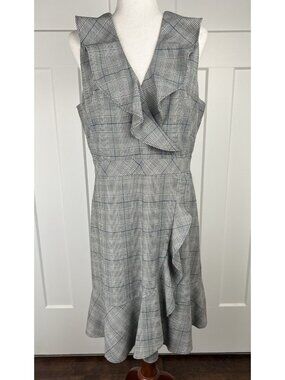 Kate Spade Dress 14 Glen Plaid Houndstooth Ruffle Faux Wrap Fit Flare Lined Midi